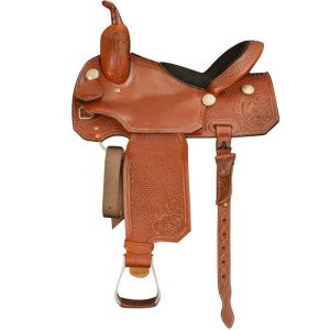 A trail rider western saddle featuring smooth leather with basket weave pattern, customizable seat size and color, and personalized silver conchos